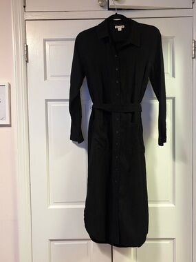 Whistles Black Long-Sleeve Shirt Midi Dress with Belt
